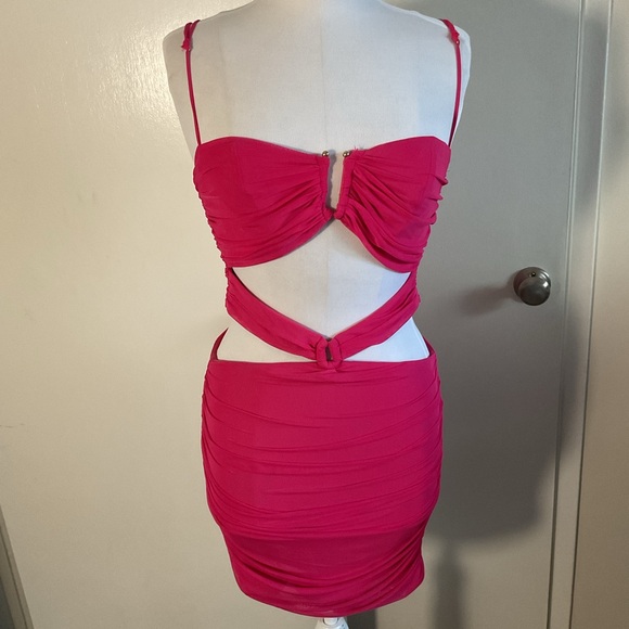 Runaway the Label Kim Mini Dress S Fuchsia Pink Ruched Cut Out Party Event - Picture 3 of 7